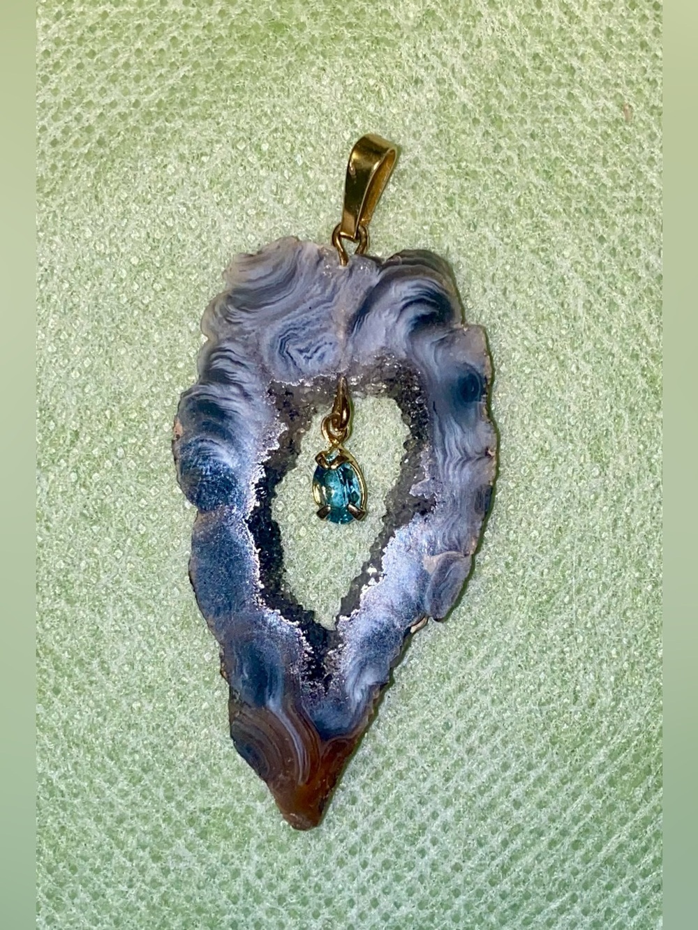 Blue Agate Geode Pendant with Teal Crystal Accent